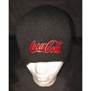Coca-Cola embroidered beanie hat Red script logo black knit background One size